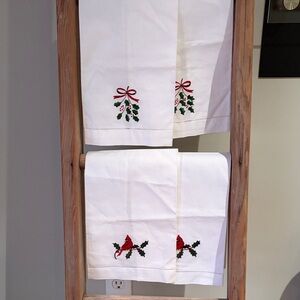 White Towels with Cardinal and Holly Embroidery